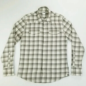 Club Monaco Slim Medium Men's Pearl Snap White Tan Check Cowboy Western Style